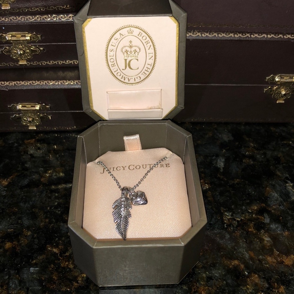 Juicy couture silver diamond feather necklace with tags and box